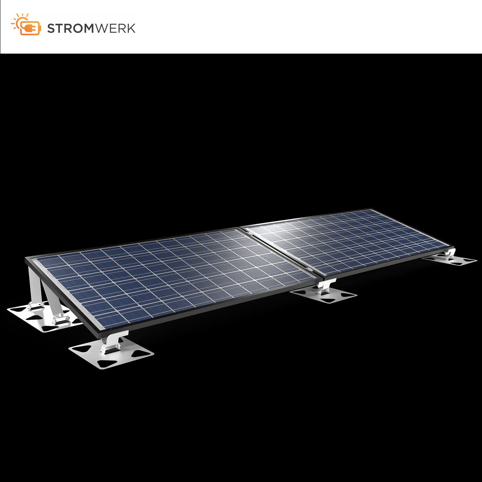 Solarmodule auf weißem Metallrahmen mit schwarzem Hintergrund und Stromwerk-Logo.