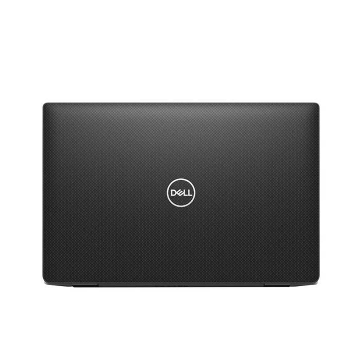 Zamknięty czarny laptop z logo Dell na czarnej powierzchni. Widoczna jest tylna strona laptopa.