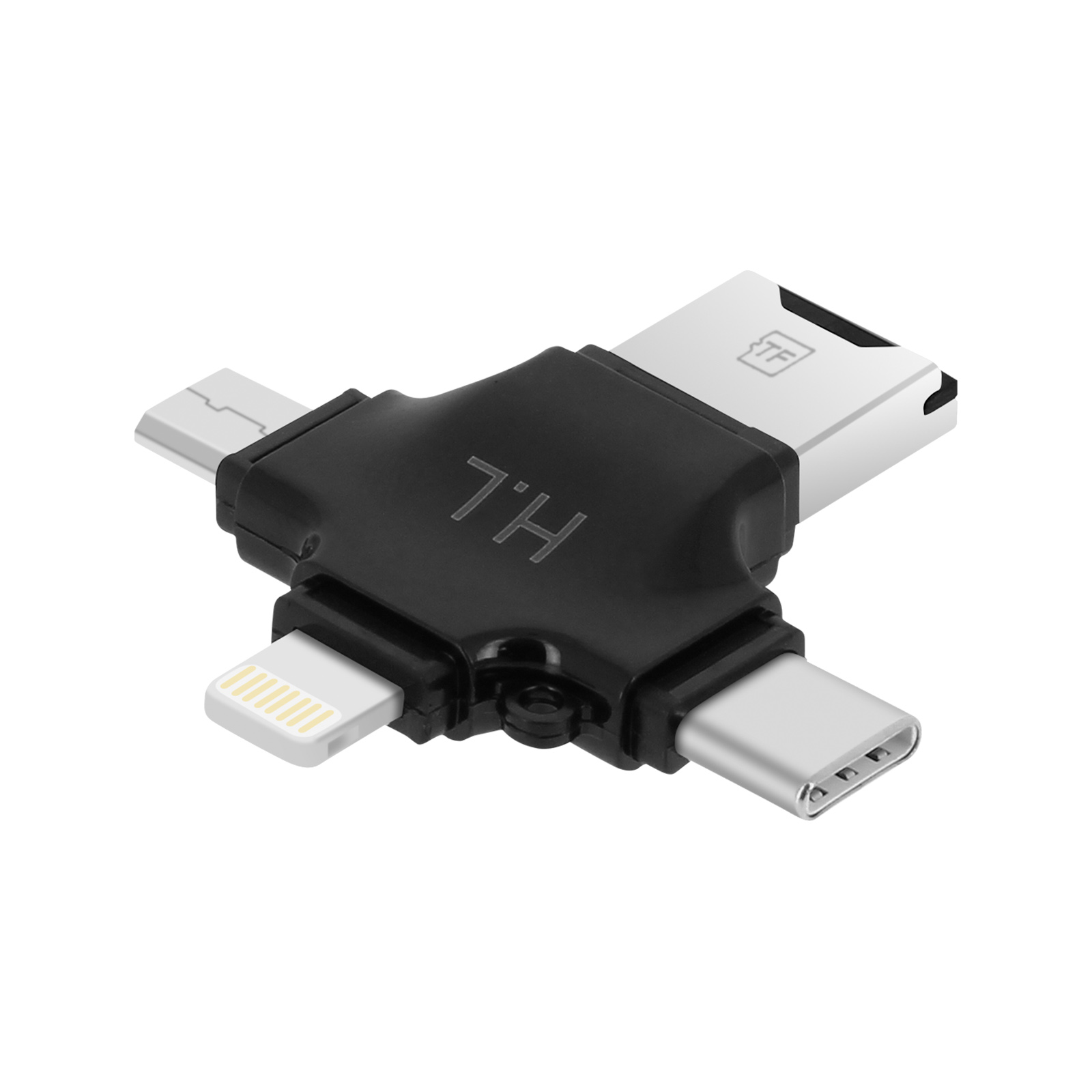 Un multi-connettore nero e argento. Ha connettori USB-C, Lightning e USB-A.