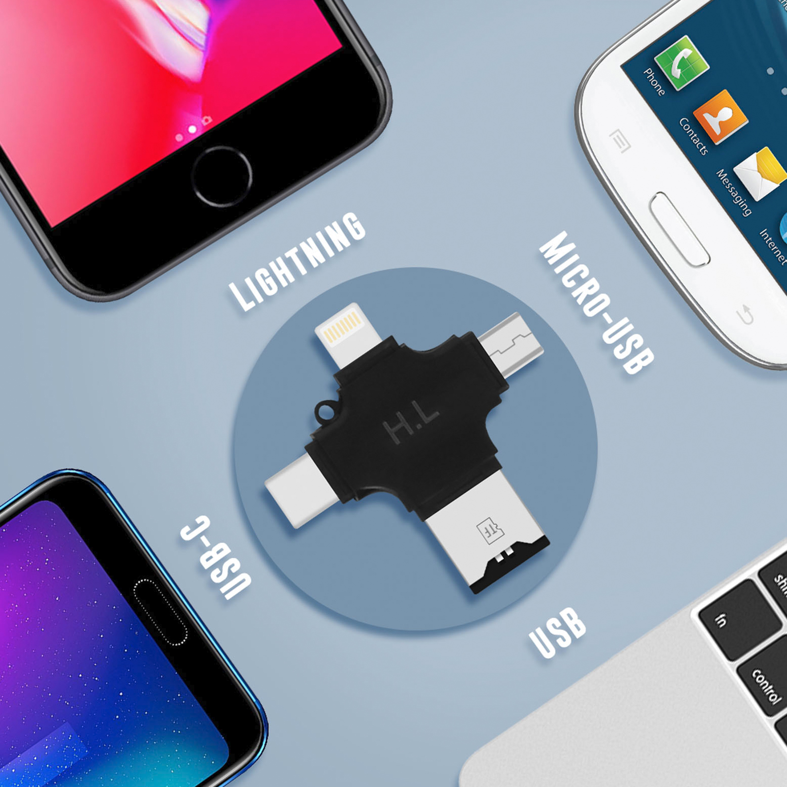 Un multi-connettore per telefoni e dispositivi, con connettori USB-C, Lightning, Micro-USB e USB visibili.