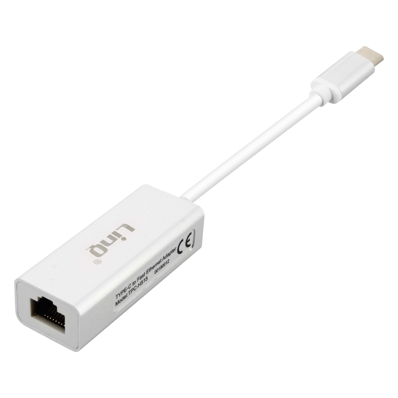 Adattatore da USB-C a Ethernet bianco con il testo "Linq" e "4G LTE".