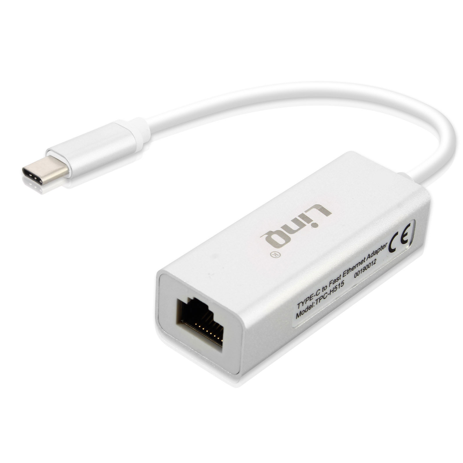 Un adattatore da Tipo-C a Ethernet bianco con il marchio 'Linq'.
