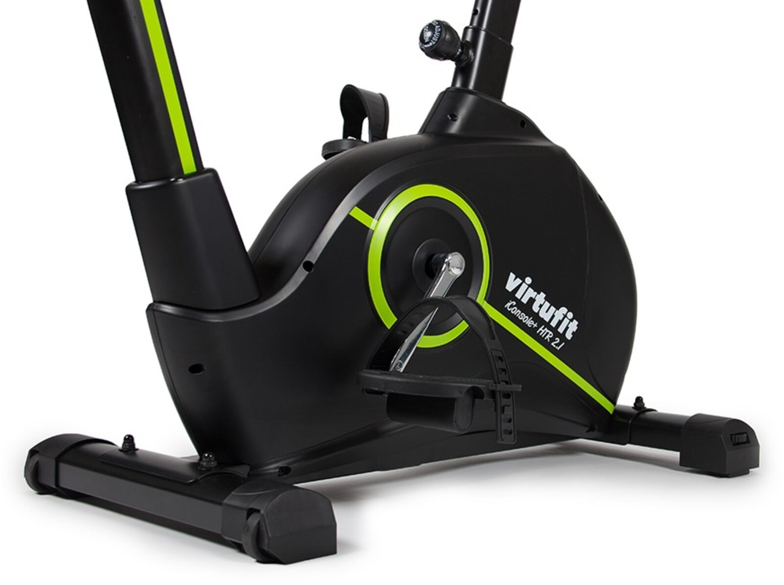 Schwarzes Trainingsfahrrad mit grünen Akzenten. Der Markenname ist Virtufit.
