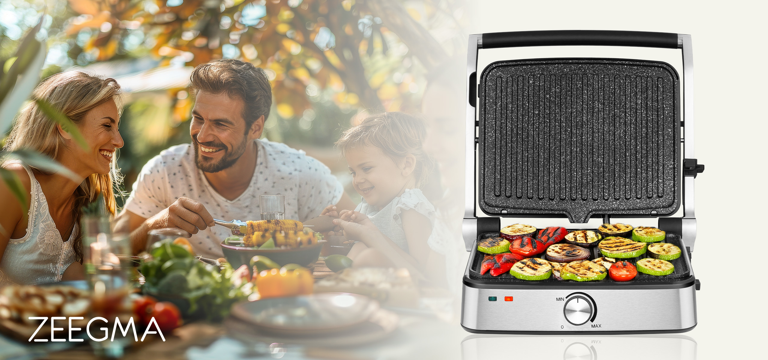 Famille profitant d'un repas en plein air, avec un grill au premier plan. Le grill fait cuire des légumes.