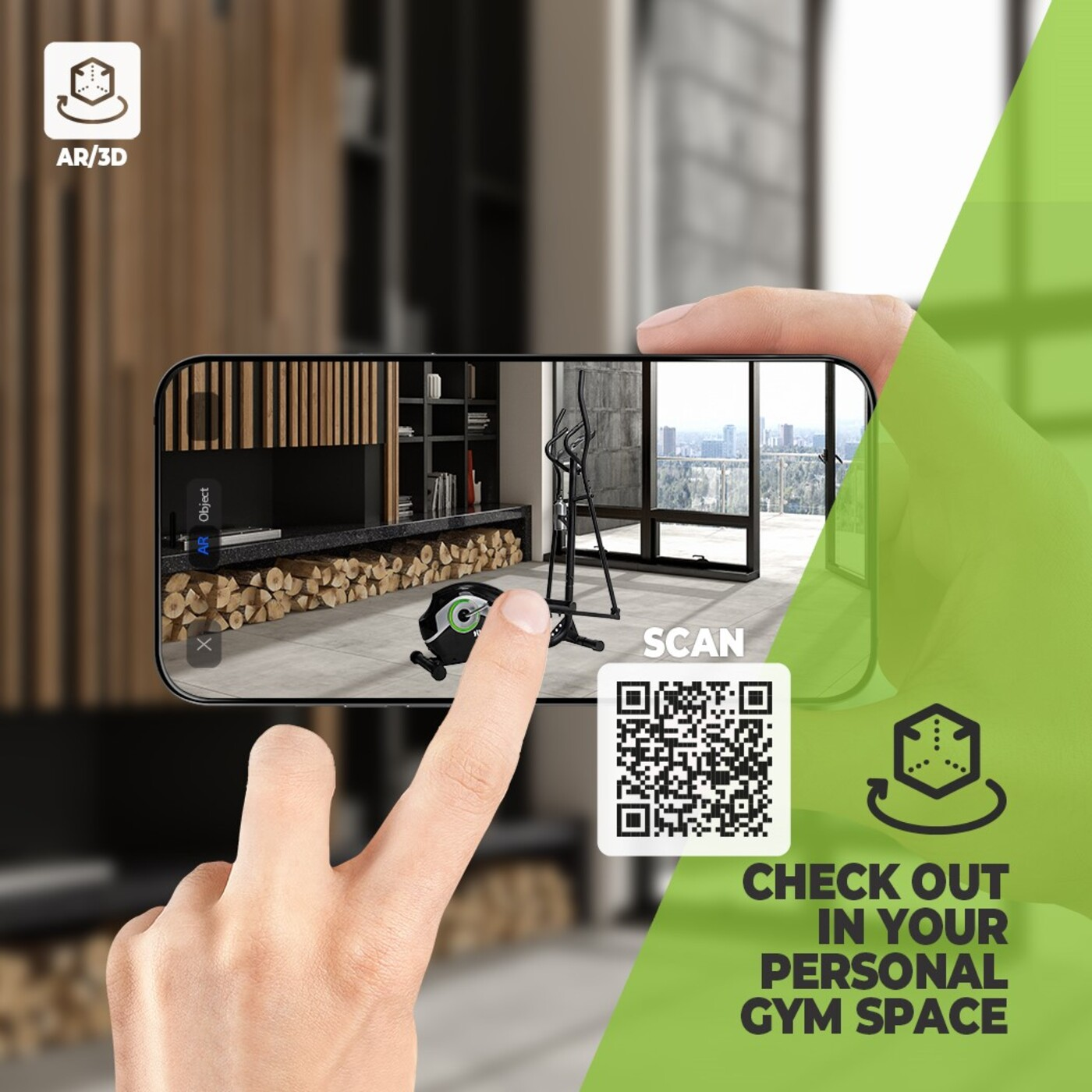 Hand scannt QR-Code für Fitnessstudio-Setup. AR/3D Grafik-Overlay auf der Studio-Szene.
