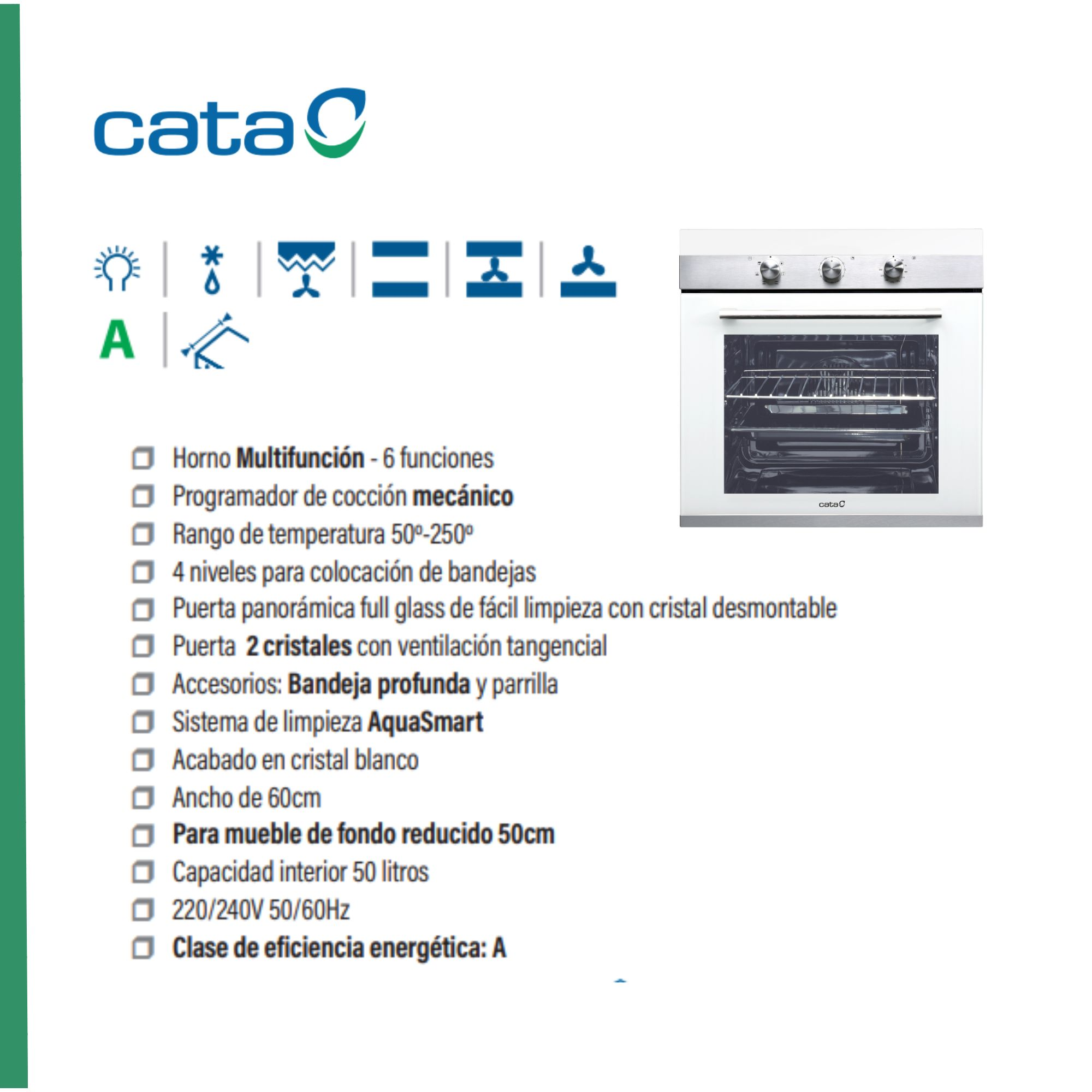 Horno blanco con lista de funciones e información de eficiencia energética.