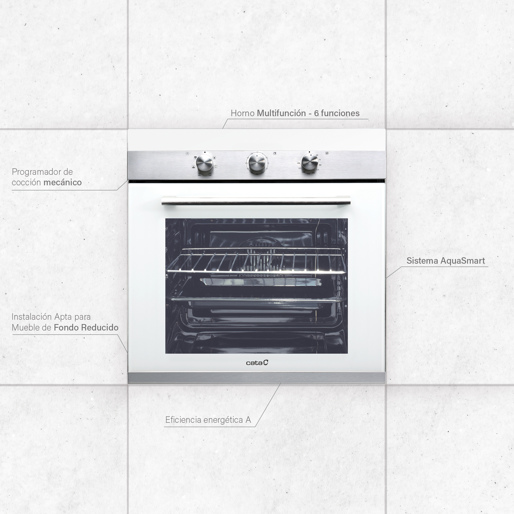 Horno blanco con controles y etiquetas. El horno está sobre un fondo de azulejos.