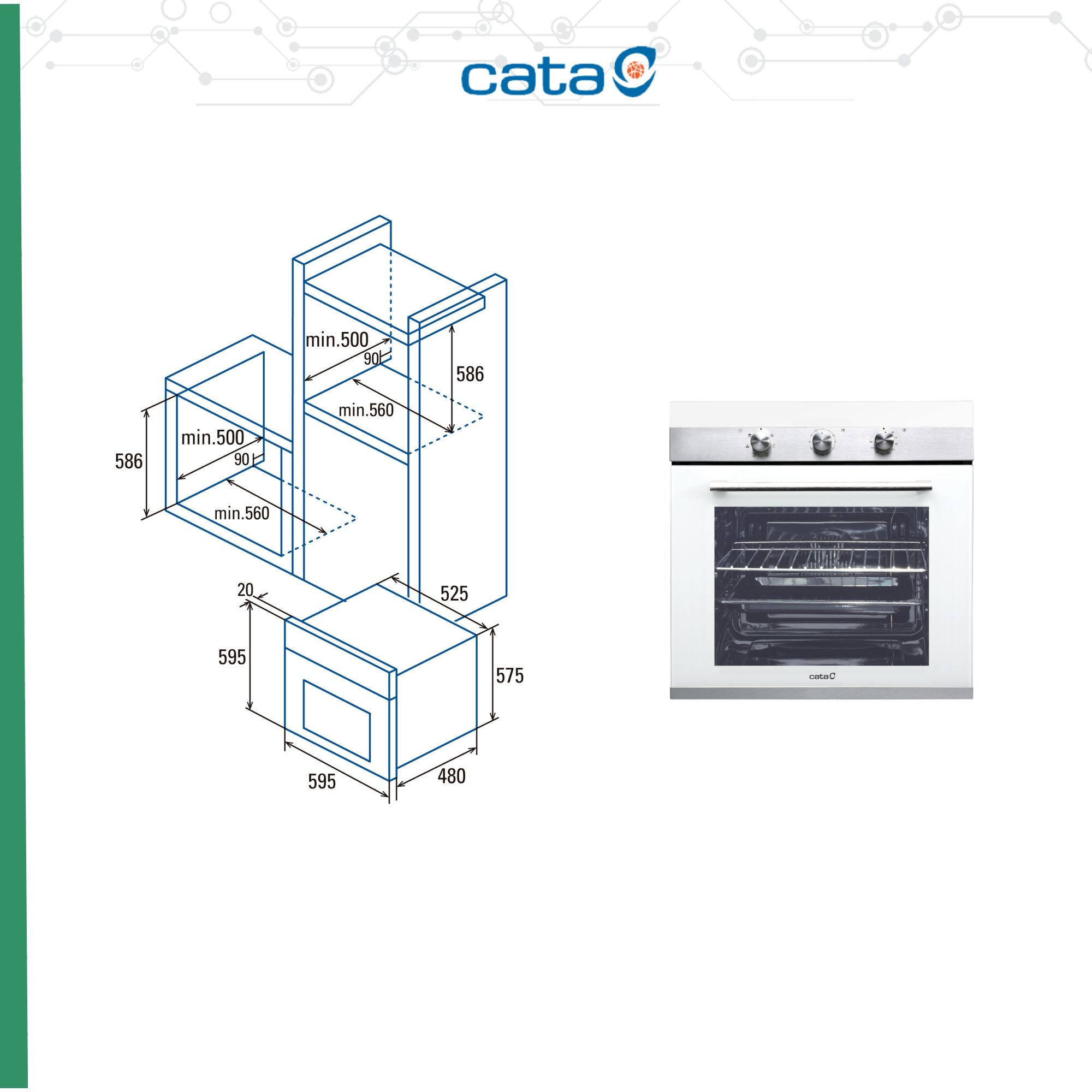 Diagrama de una configuración de cocina con horno, armario y dimensiones en mm.