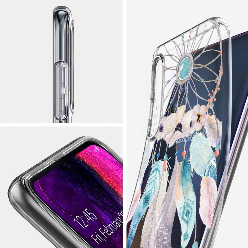 Coque de téléphone transparente avec motif attrape-rêves et plumes.
