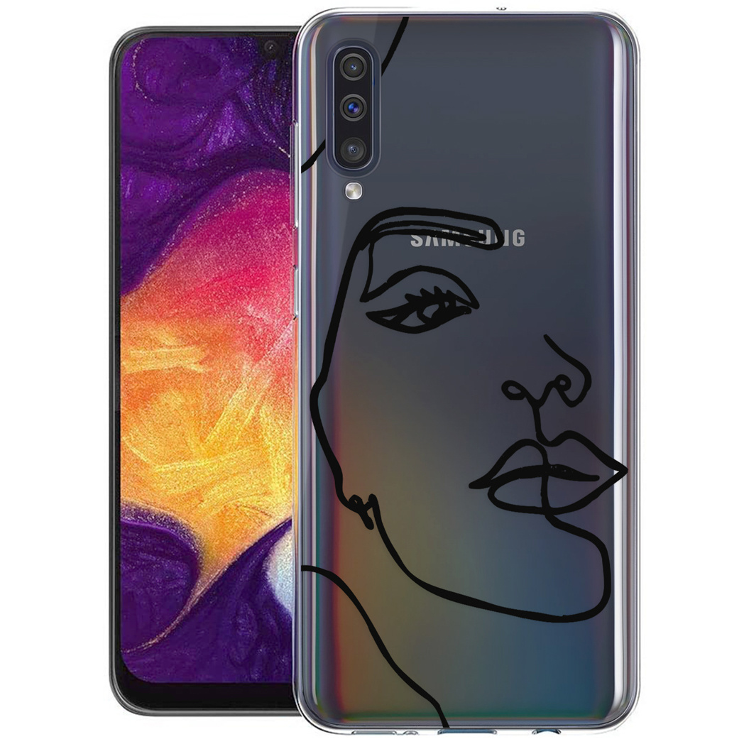 Een Samsung-telefoon met een transparante hoes met een lijntekening van een gezicht op de achterkant.