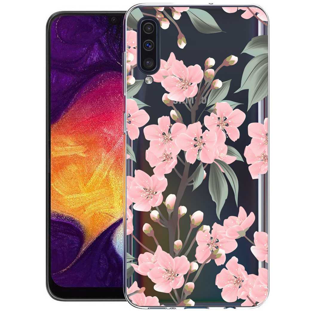 Une coque de téléphone avec un motif floral est sur un téléphone. La coque est transparente.