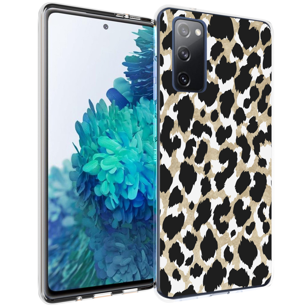 Telefono con custodia con stampa leopardata. Macchie nere e beige su sfondo bianco.