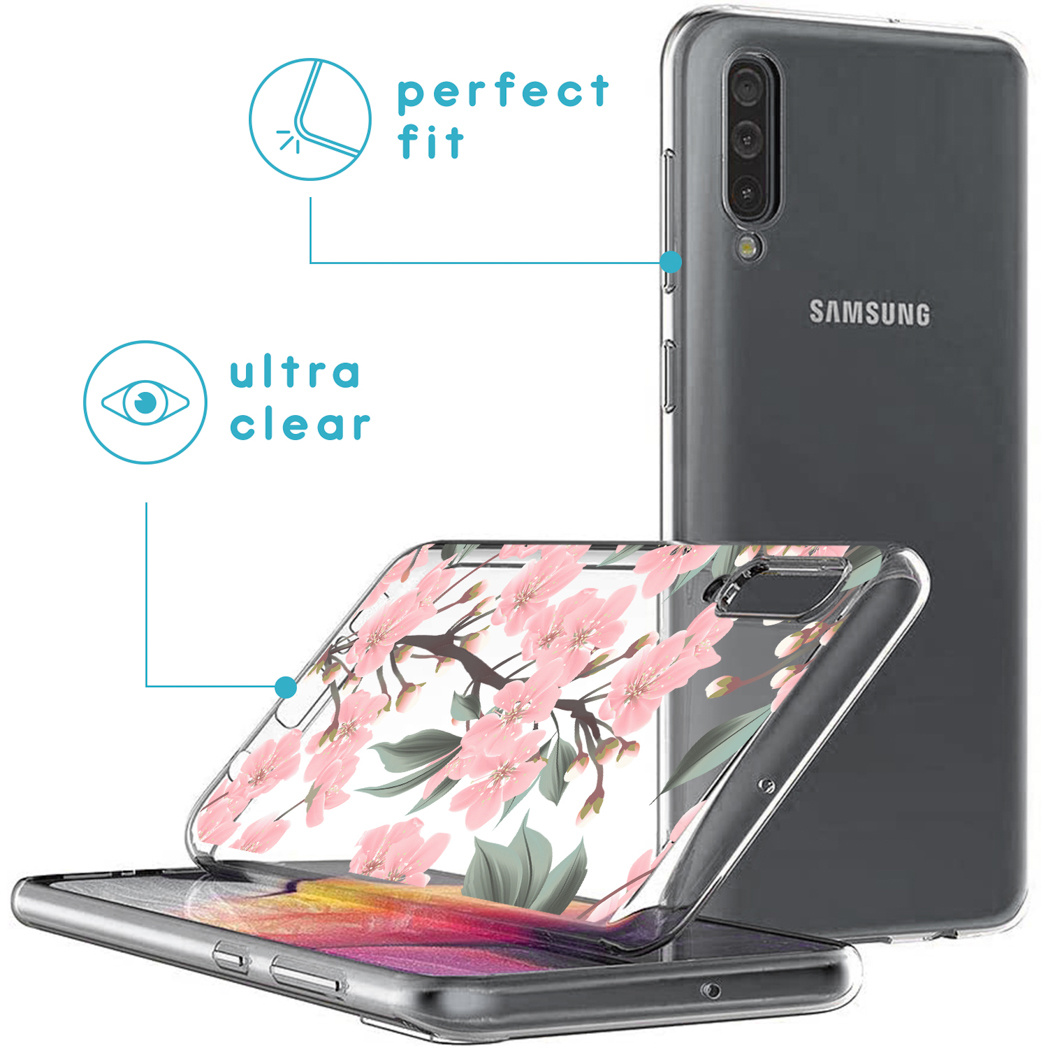 Coque de téléphone avec un motif de fleurs roses, avec des schémas montrant un ajustement parfait et ultra clair, sur un téléphone.
