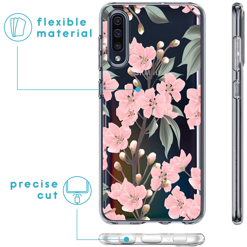 Téléphone avec coque florale. Fleurs roses et feuilles vertes sur fond noir. Illustrations.