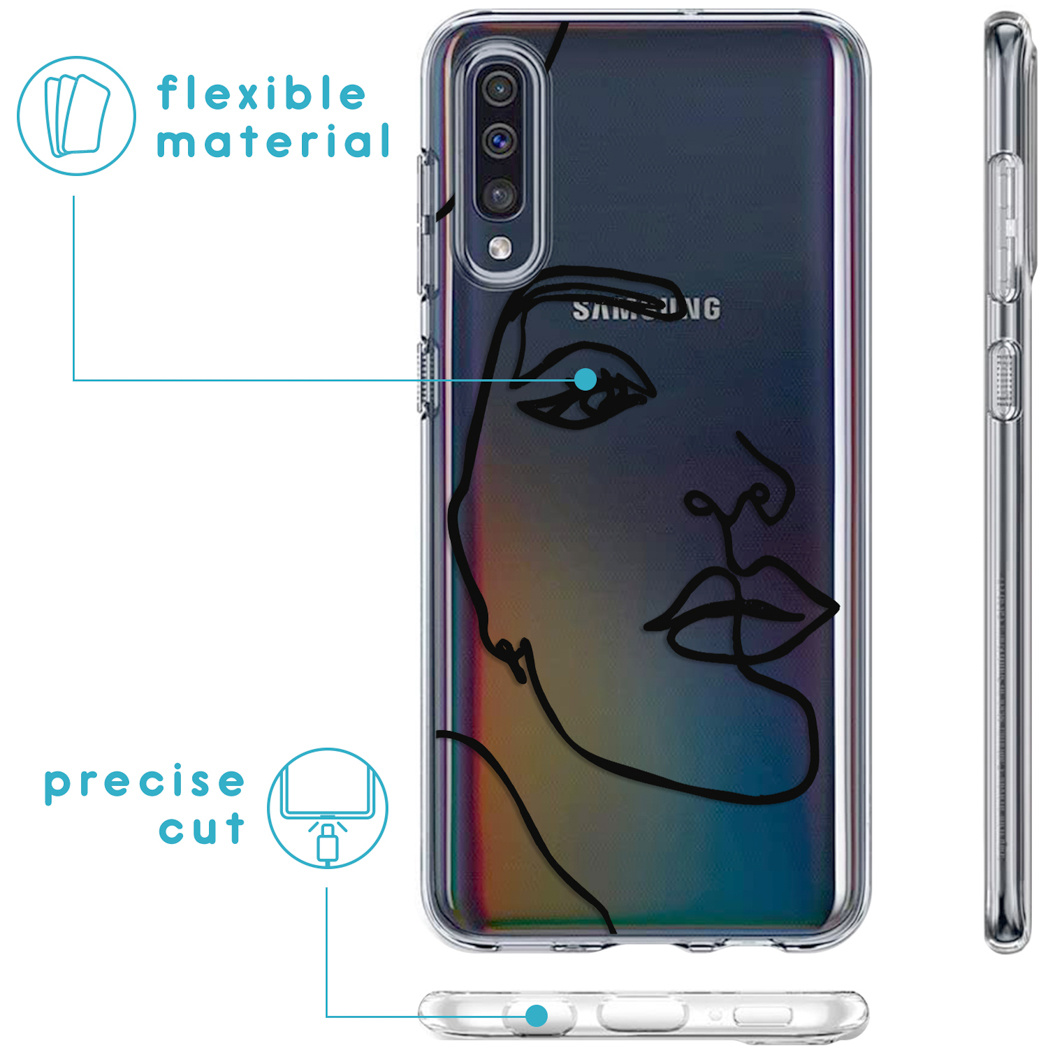 Transparante telefoonhoes met een zwart lijntekening gezichtsontwerp en kenmerken.