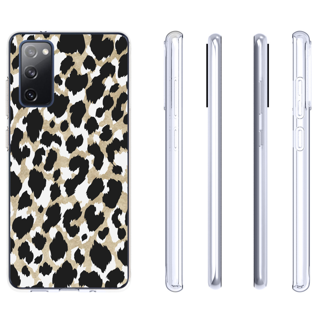 Un telefono con una custodia leopardata. La custodia ha un motivo nero e beige su una superficie bianca.