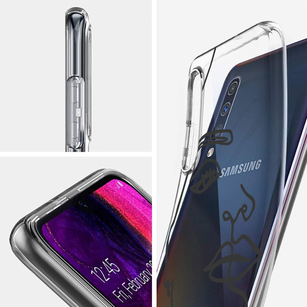 Telefoonhoesje met gezichtscontourontwerp op een telefoon, met indicatoren voor perfecte pasvorm.