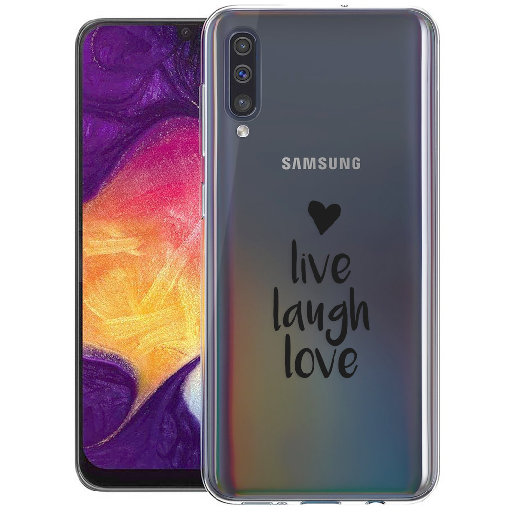 Samsung-telefoon in een hoesje met de woorden 'live laugh love' en een hartsymbool.