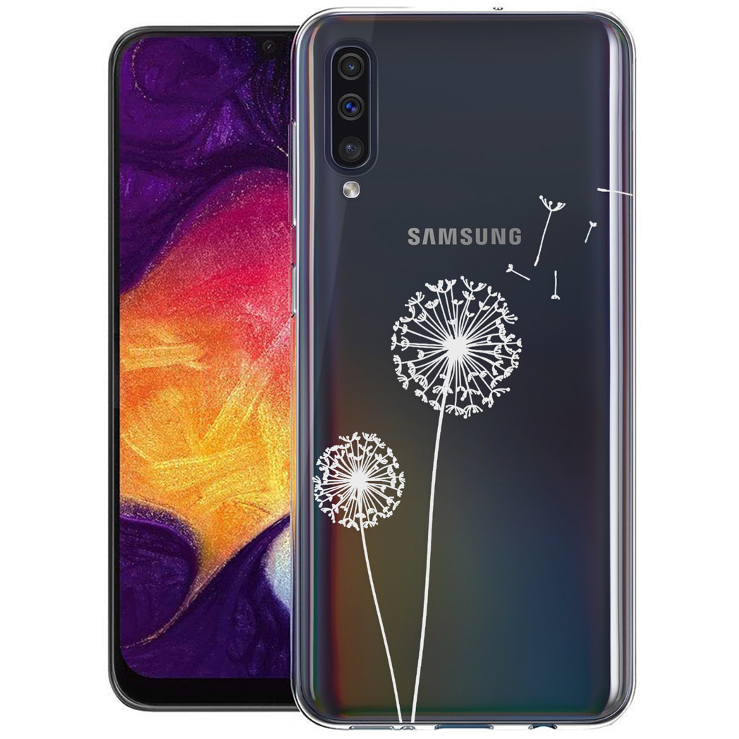 Une coque de téléphone avec des motifs de pissenlits blancs sur un téléphone.