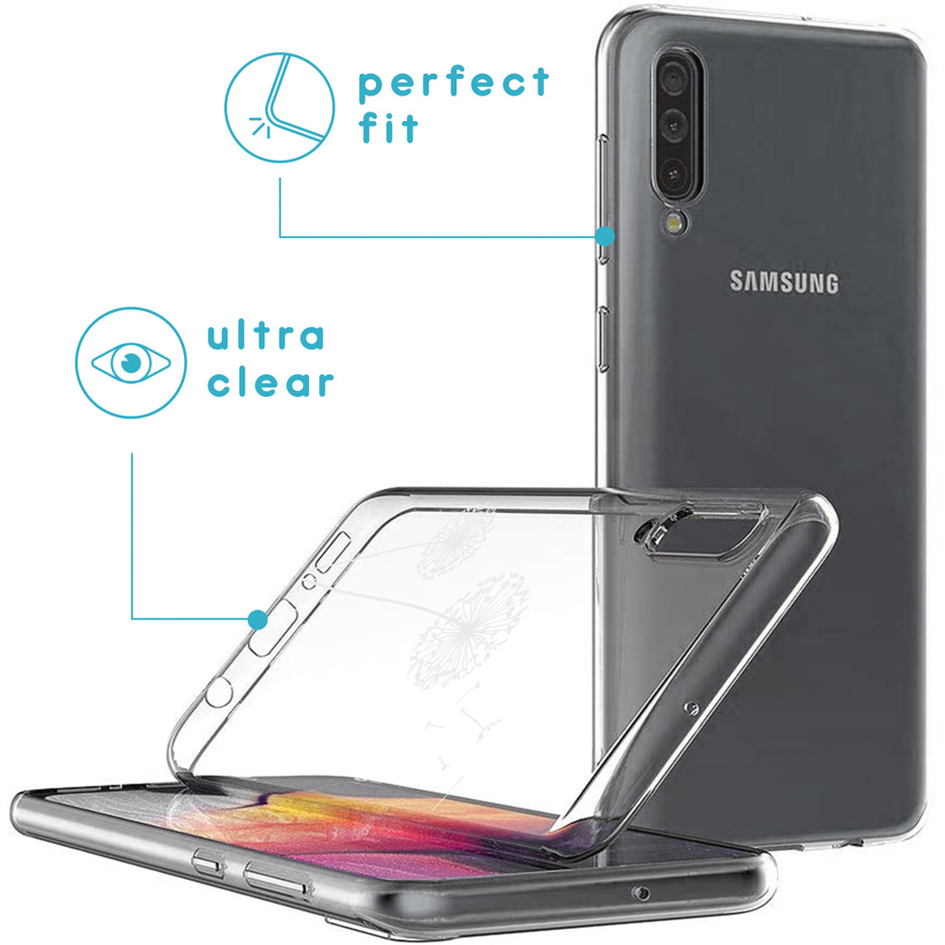 Coque transparente avec motif pissenlit. Le téléphone dans la coque et l'arrière du téléphone sont visibles.
