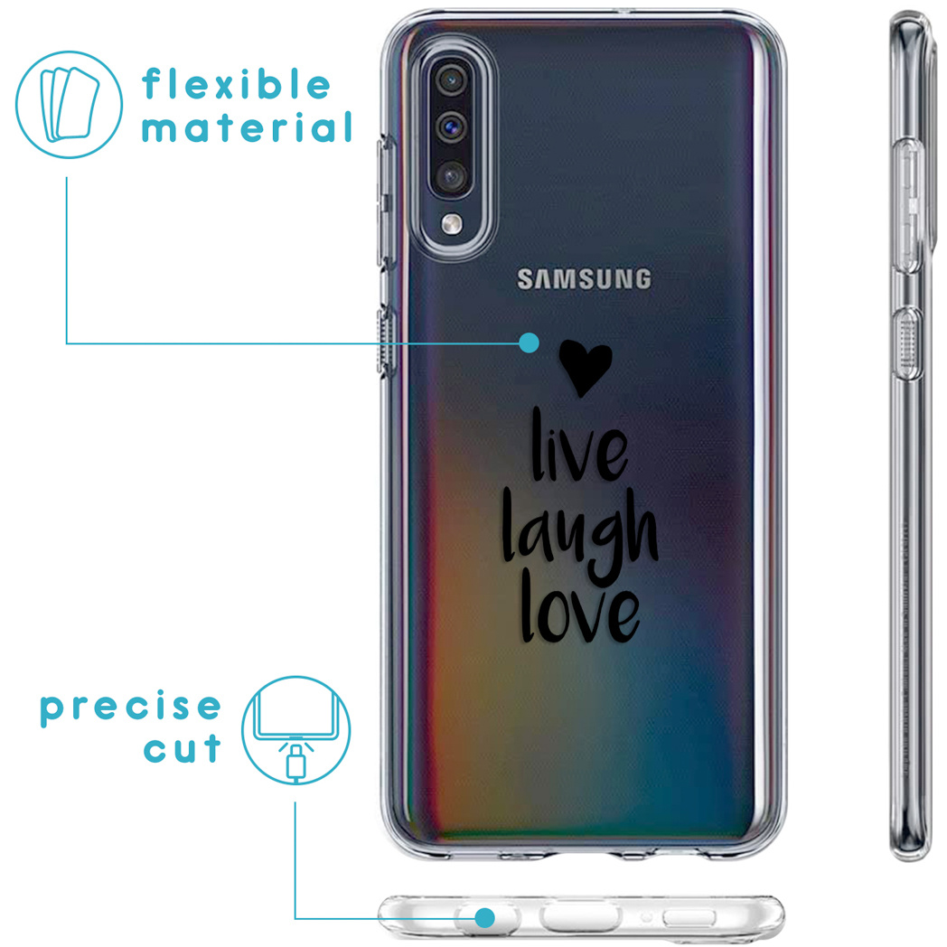 Transparante telefoonhoes met 'live laugh love' tekst en hart. Flexibel materiaal, precieze snit.