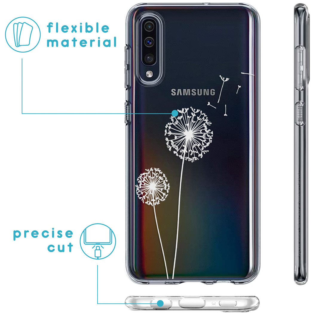 Coque de téléphone transparente avec motif pissenlit et texte, matière souple.