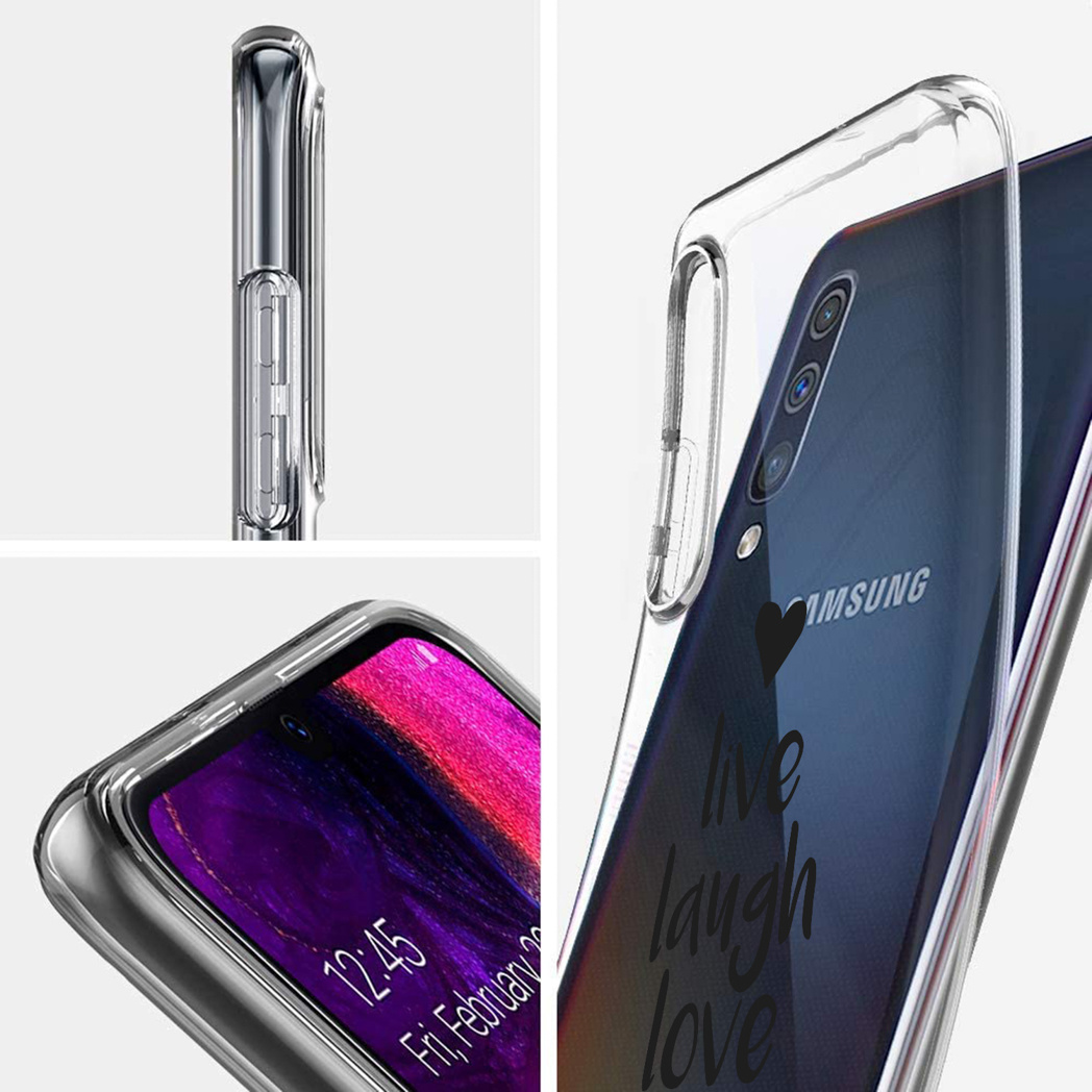 Close-up van telefoonhoesje op een Samsung telefoon, met diagrammen die het zijaanzicht tonen.