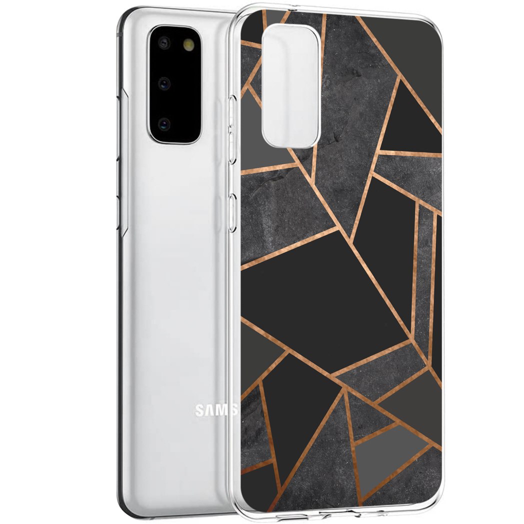 Telefoonhoesje met geometrische vormen, zwart, grijs en goud.