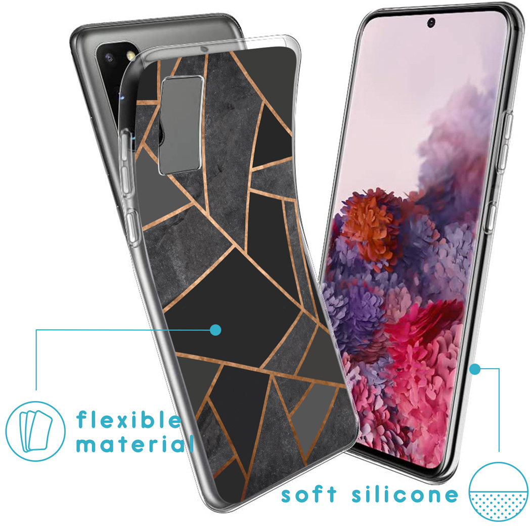 Twee telefoons, één met een patroonhoesje, de andere met een bloemig scherm. Tekst: flexibel materiaal, zachte siliconen.