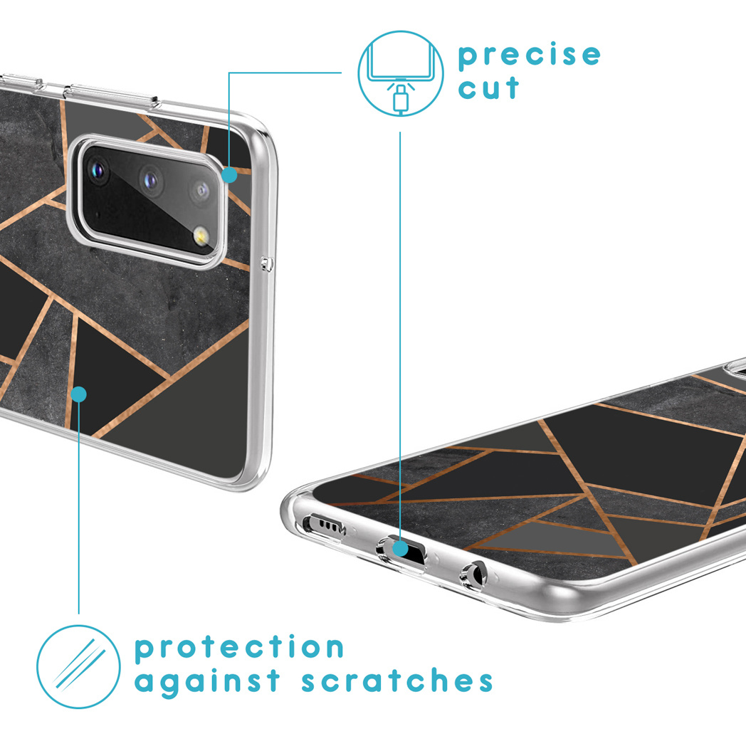 Telefoonhoes met geometrisch ontwerp, met details over bescherming en precieze snit.
