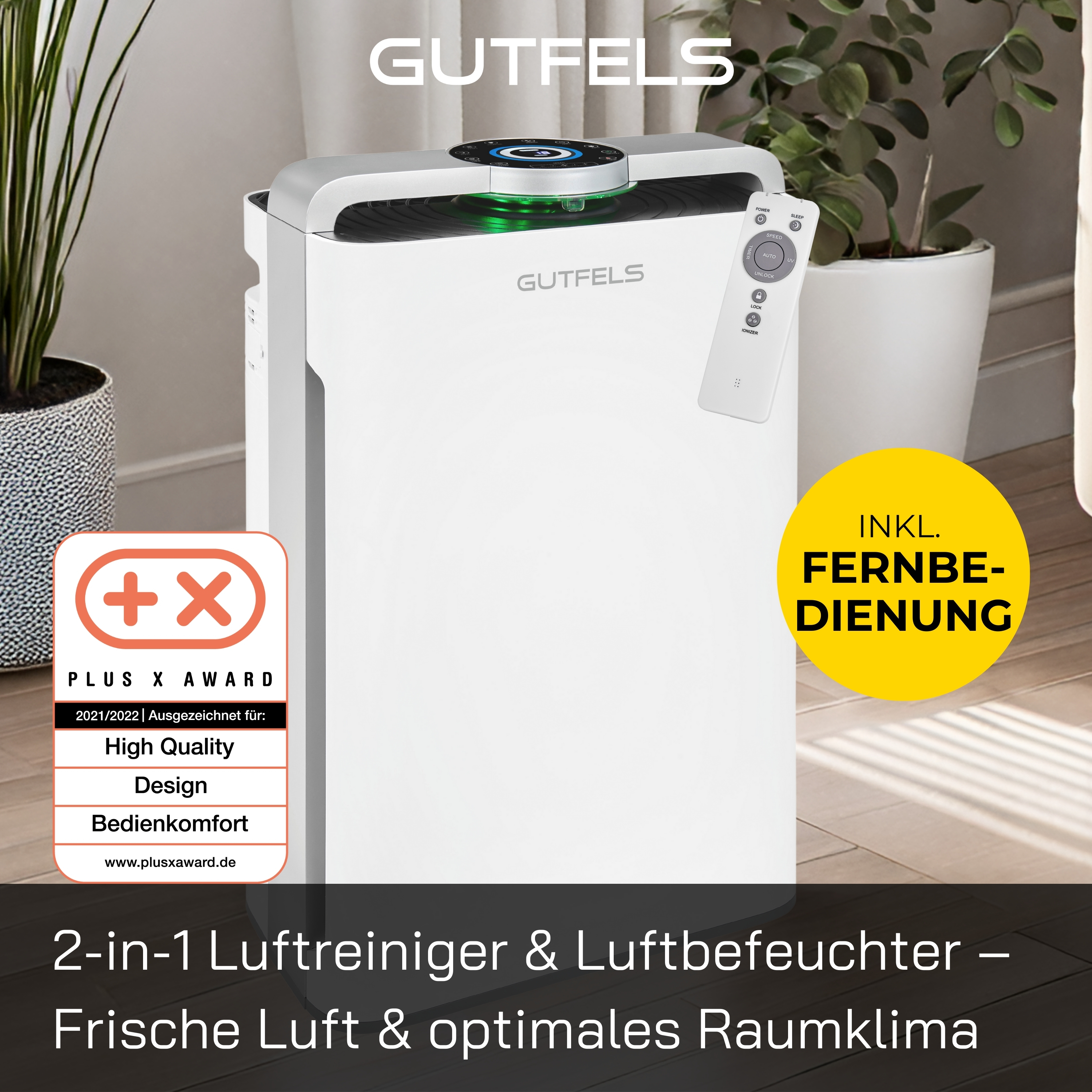 Weißer Luftreiniger mit Fernbedienung, Aufkleber und Text auf Deutsch.