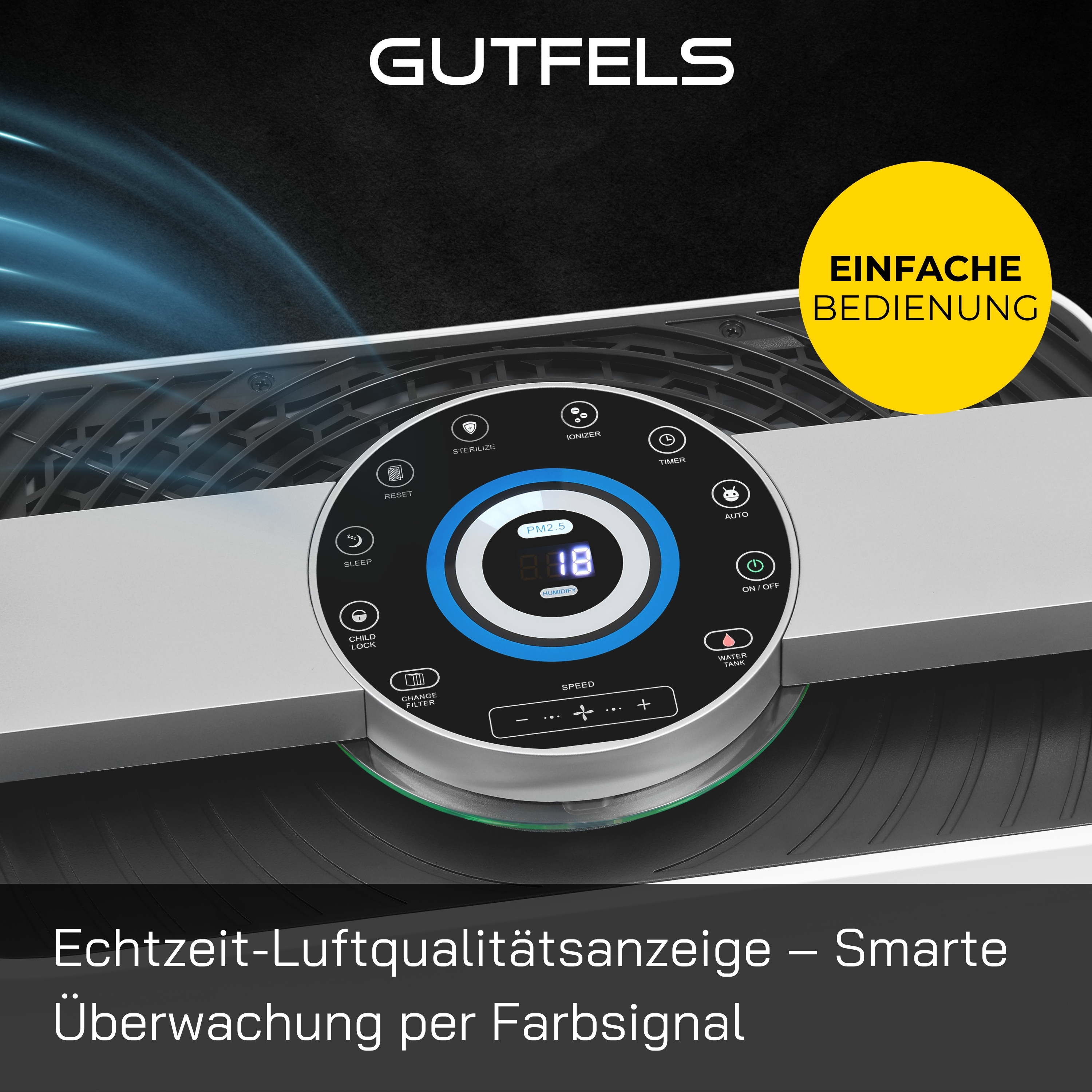 Ein Bedienfeld eines Luftreinigers, das Display und Tasten zeigt, mit Text zur Luftqualität.