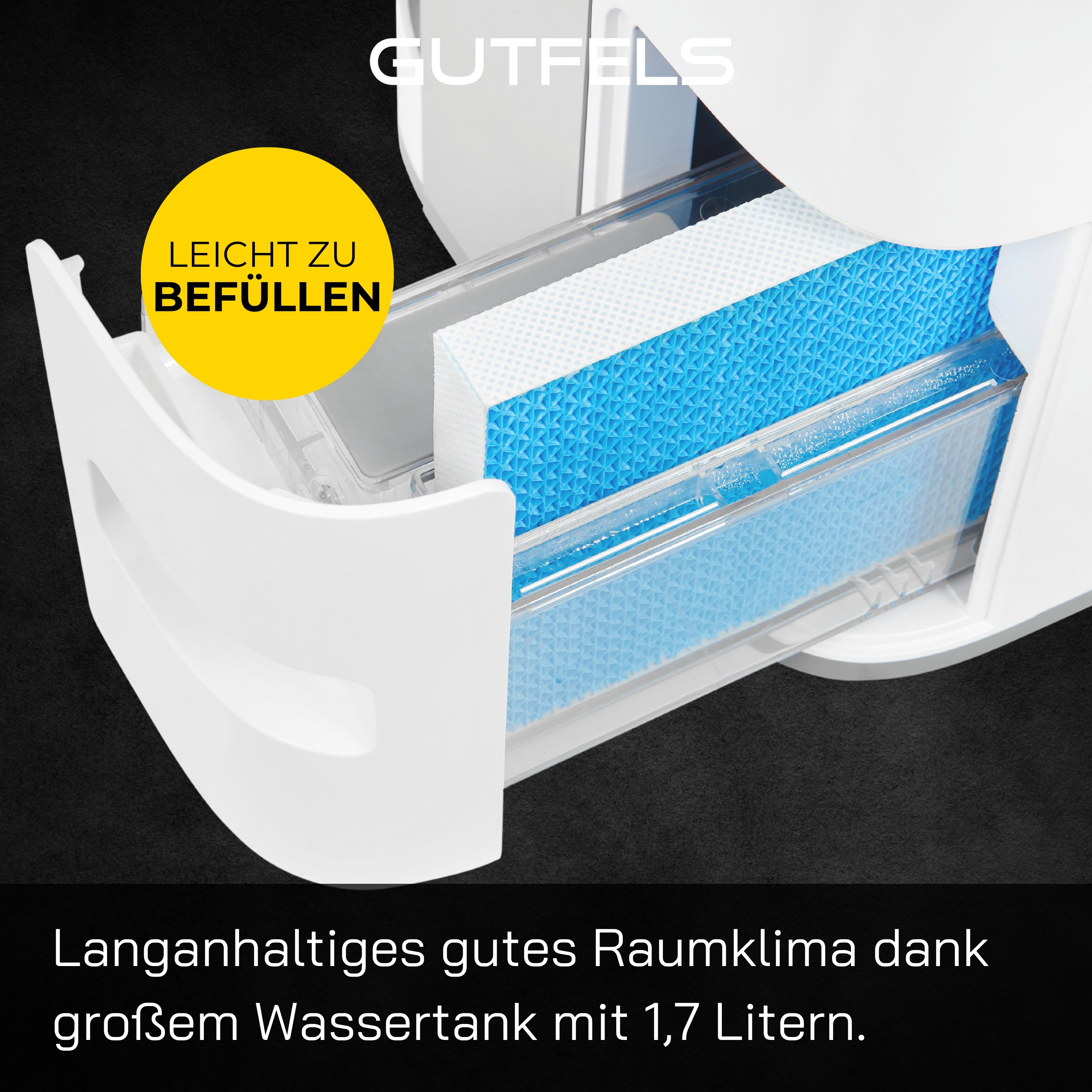 Eine weiße Geräteschublade mit blauem Filter, Text, der besagt, dass sie leicht zu befüllen ist.