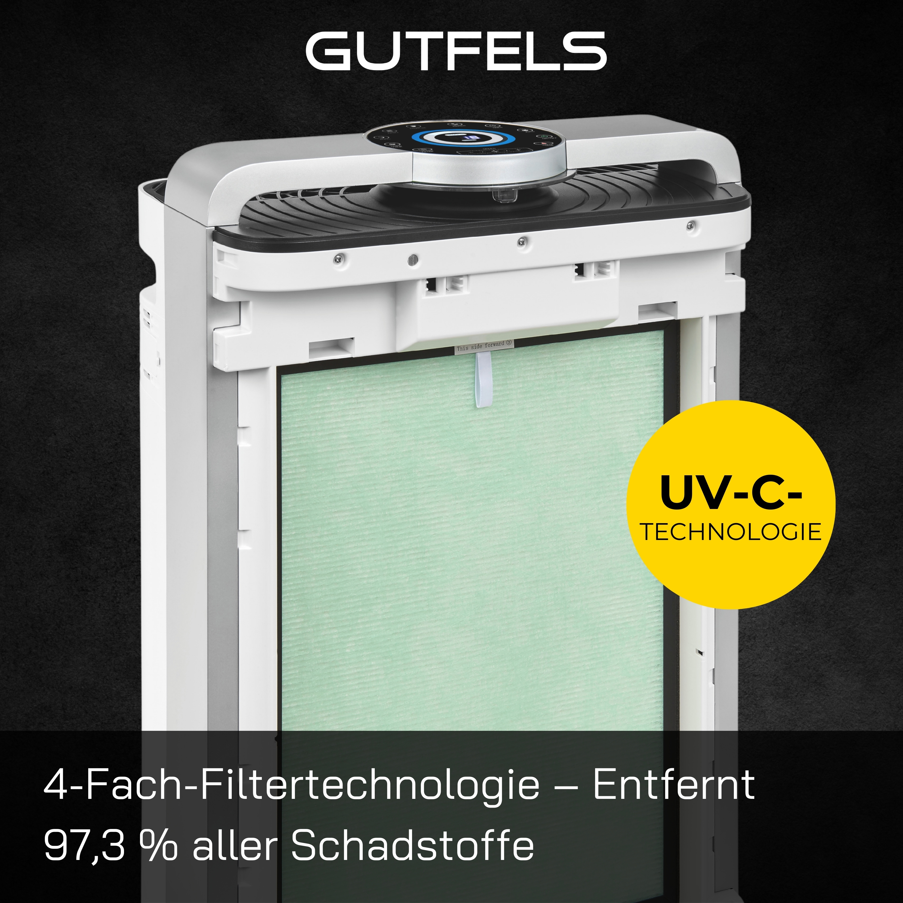 Weißer und grauer Luftreiniger. Text sagt 'UV-C-TECHNOLOGIE' und '4-Fach-Filtertechnologie'.