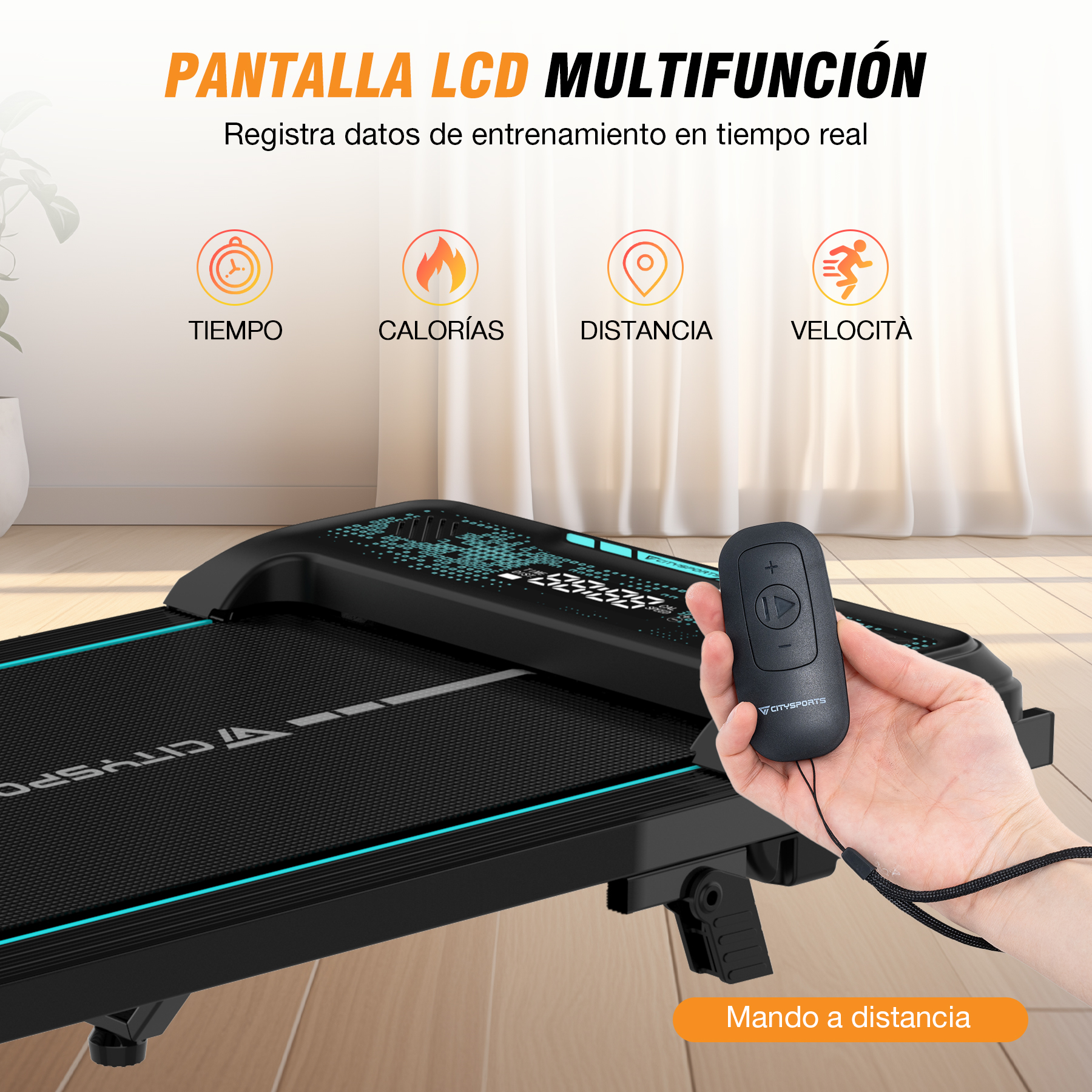 Cinta de correr con mando a distancia en la mano. Muestra iconos de tiempo, calorías, distancia y velocidad.