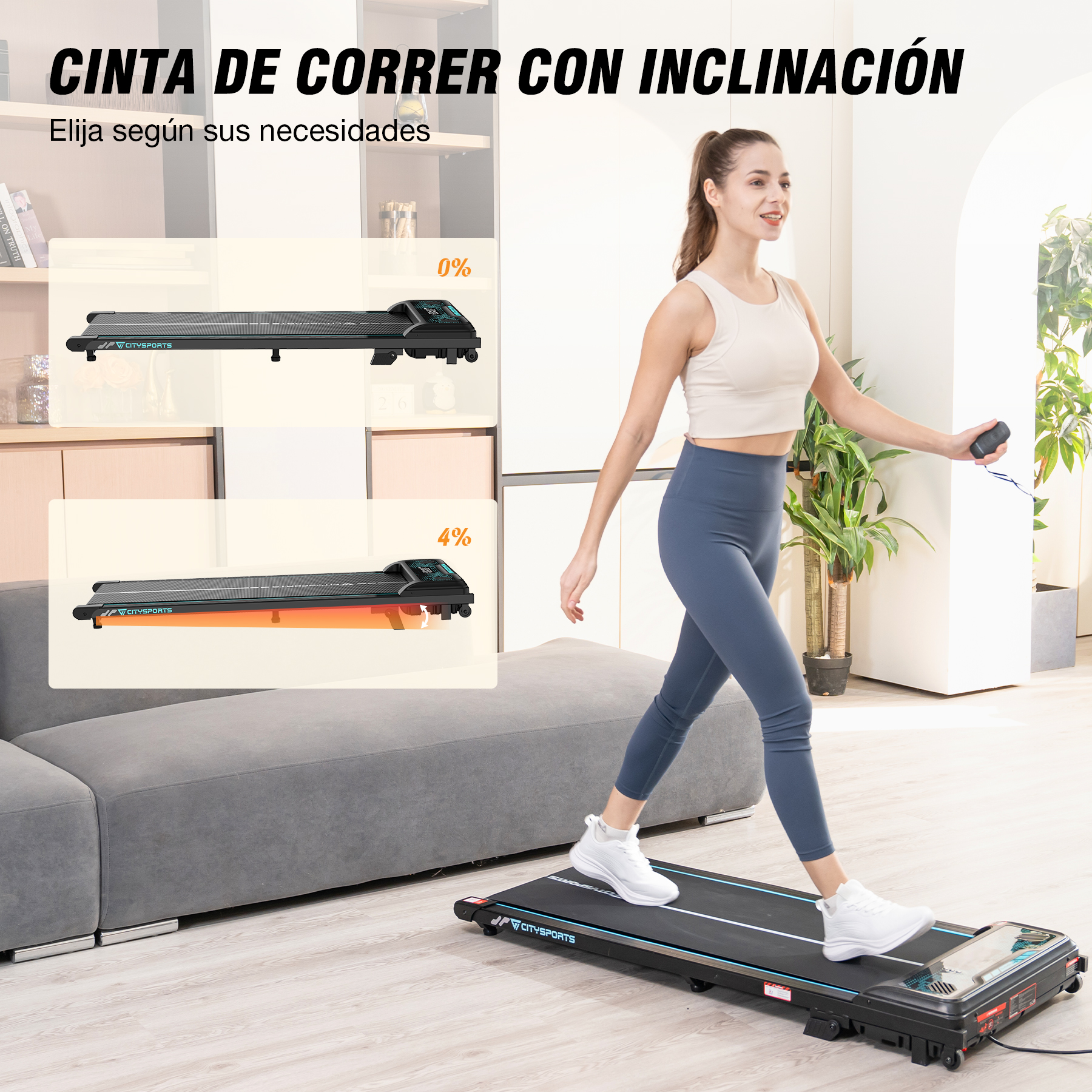Una mujer camina sobre una cinta de correr, a la izquierda se muestran dos cintas con diferentes inclinaciones.
