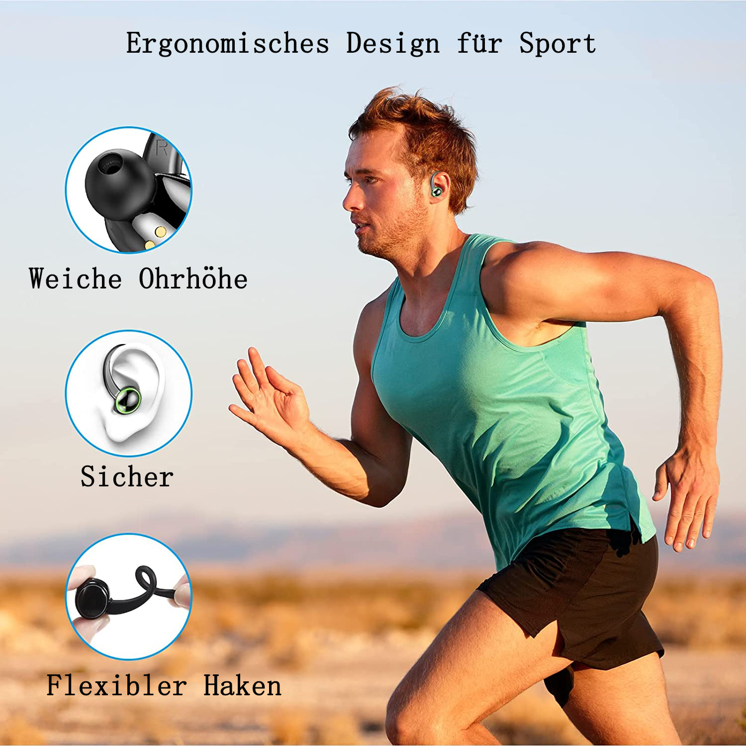 Mann rennt mit Ohrhörern. Text beschreibt Funktionen, wie flexibler Haken und sicherer Sitz.