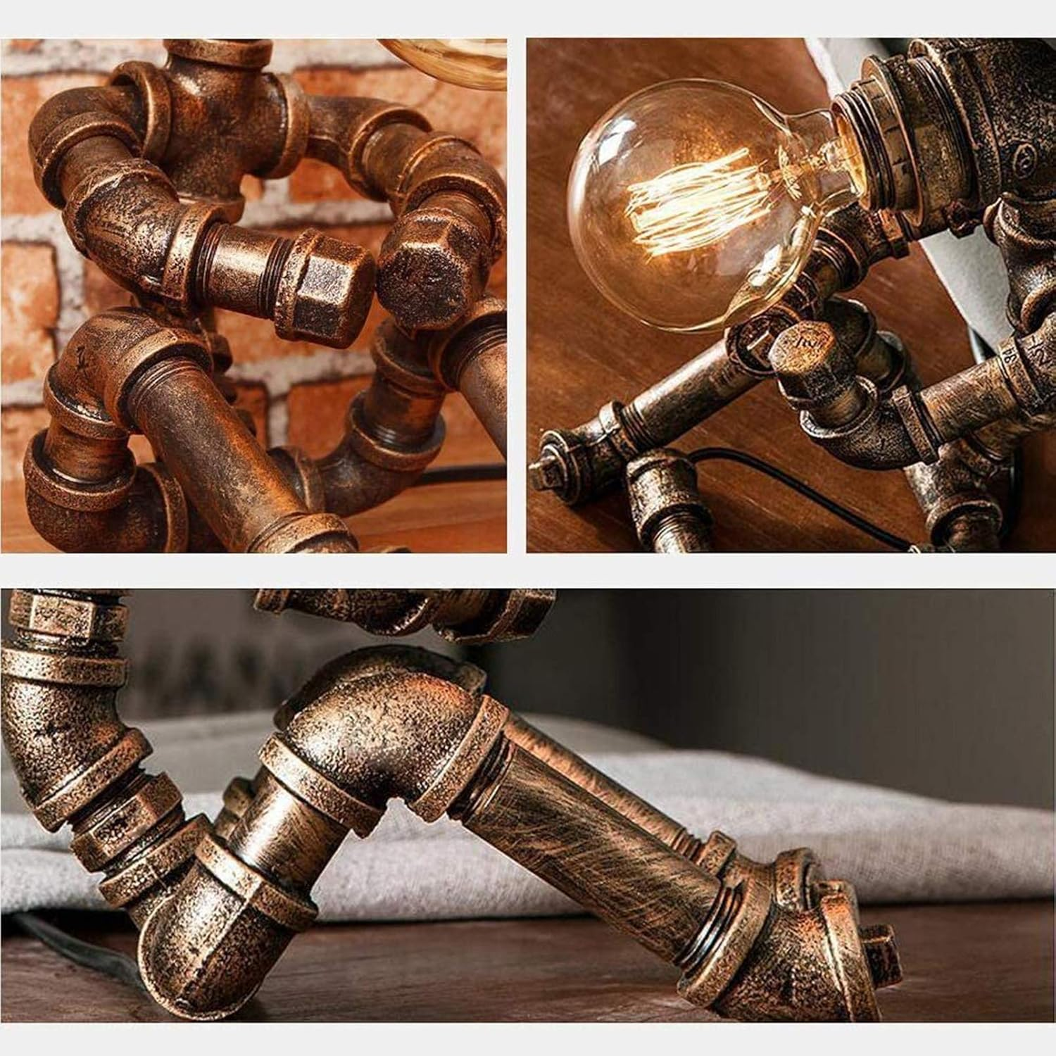 Eine Steampunk-Lampe aus Kupferrohren mit einer Glühbirne.