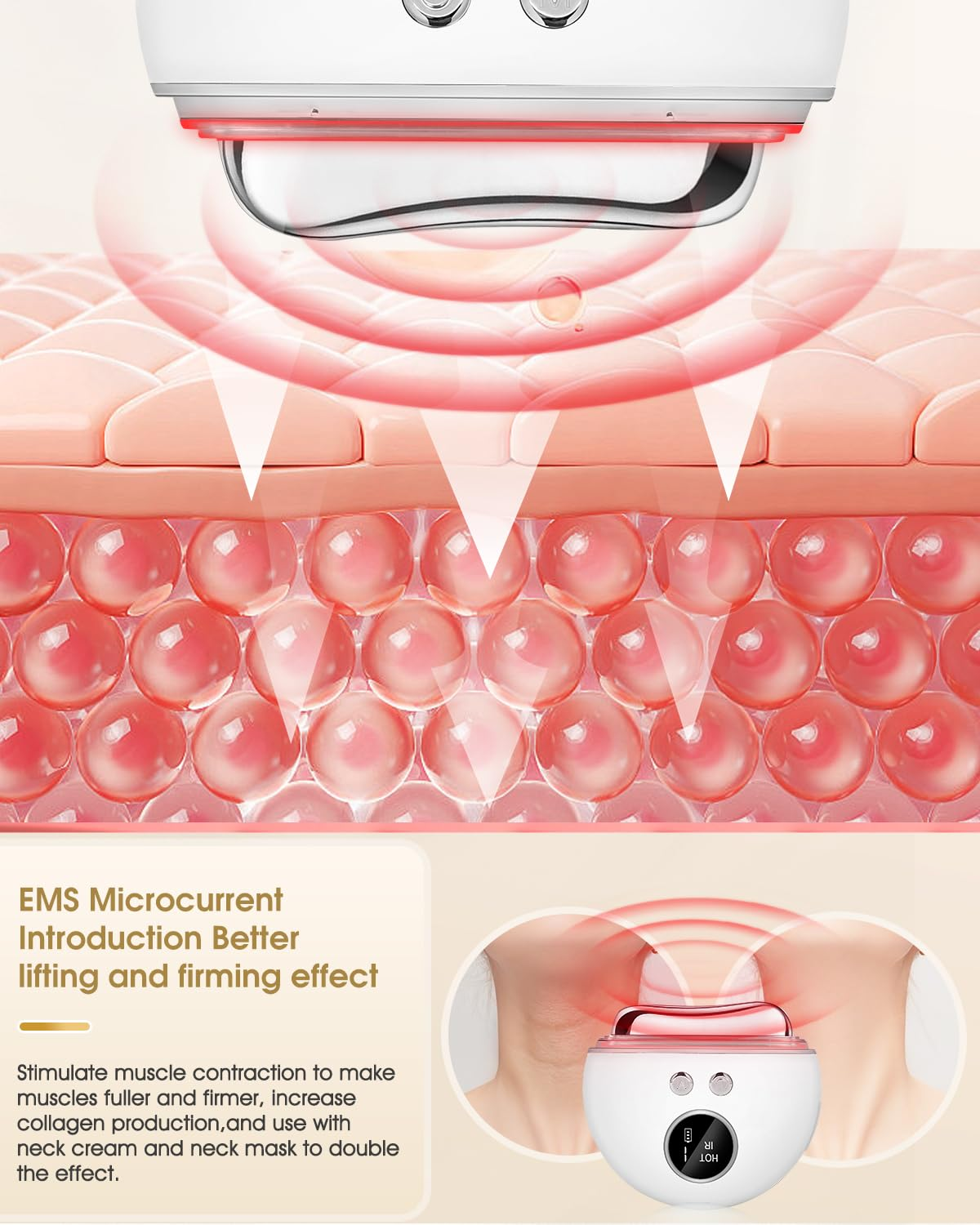 Gerät mit Bildschirm auf der Haut. Text: EMS Microcurrent, Lifting-Effekt.