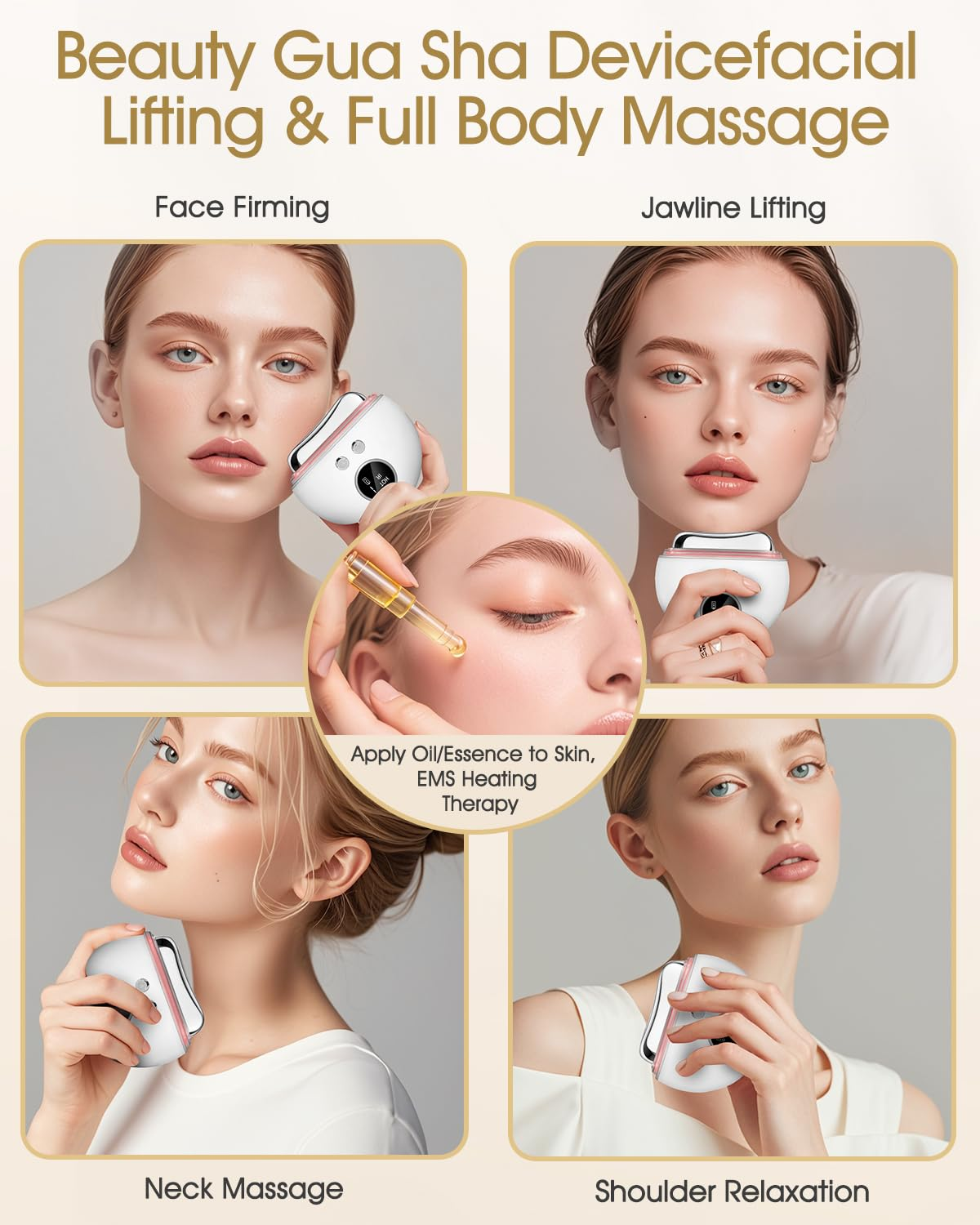 Vier Bilder, die ein Schönheitsgerät zum Facelifting und zur Ganzkörpermassage zeigen.