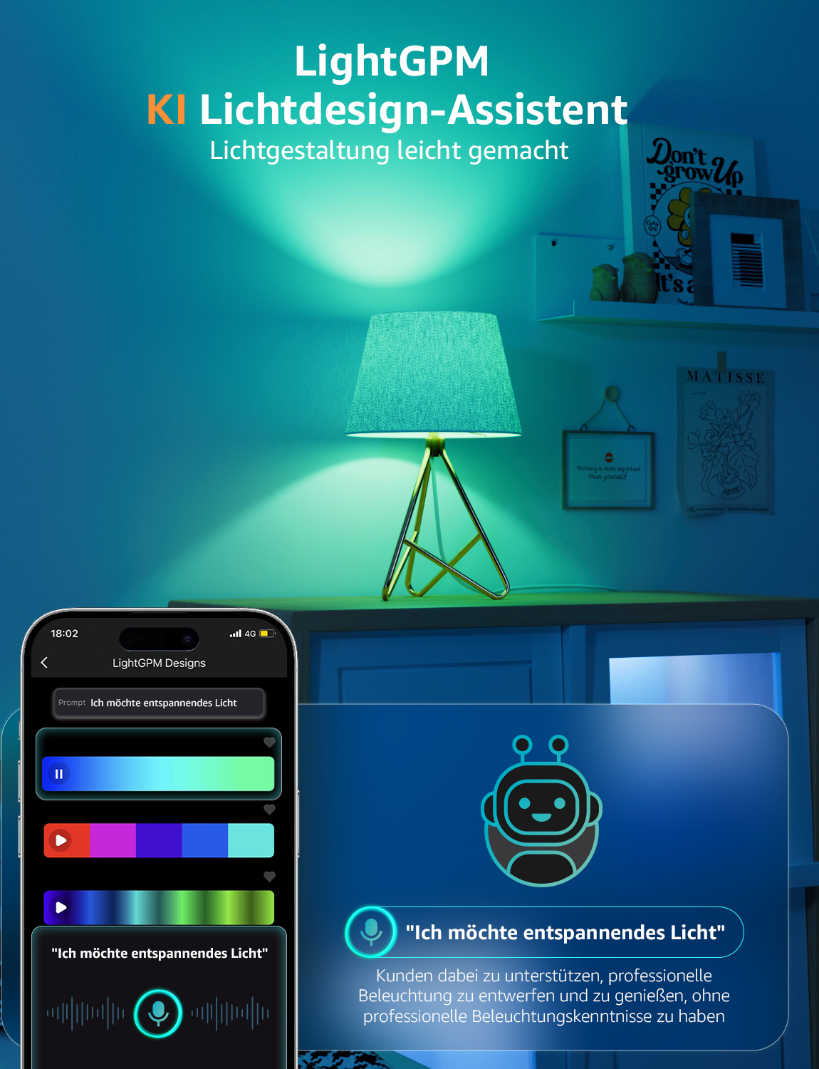 Immagine di uno schermo di smartphone con un'app di design della luce. Anche una lampada è visibile.