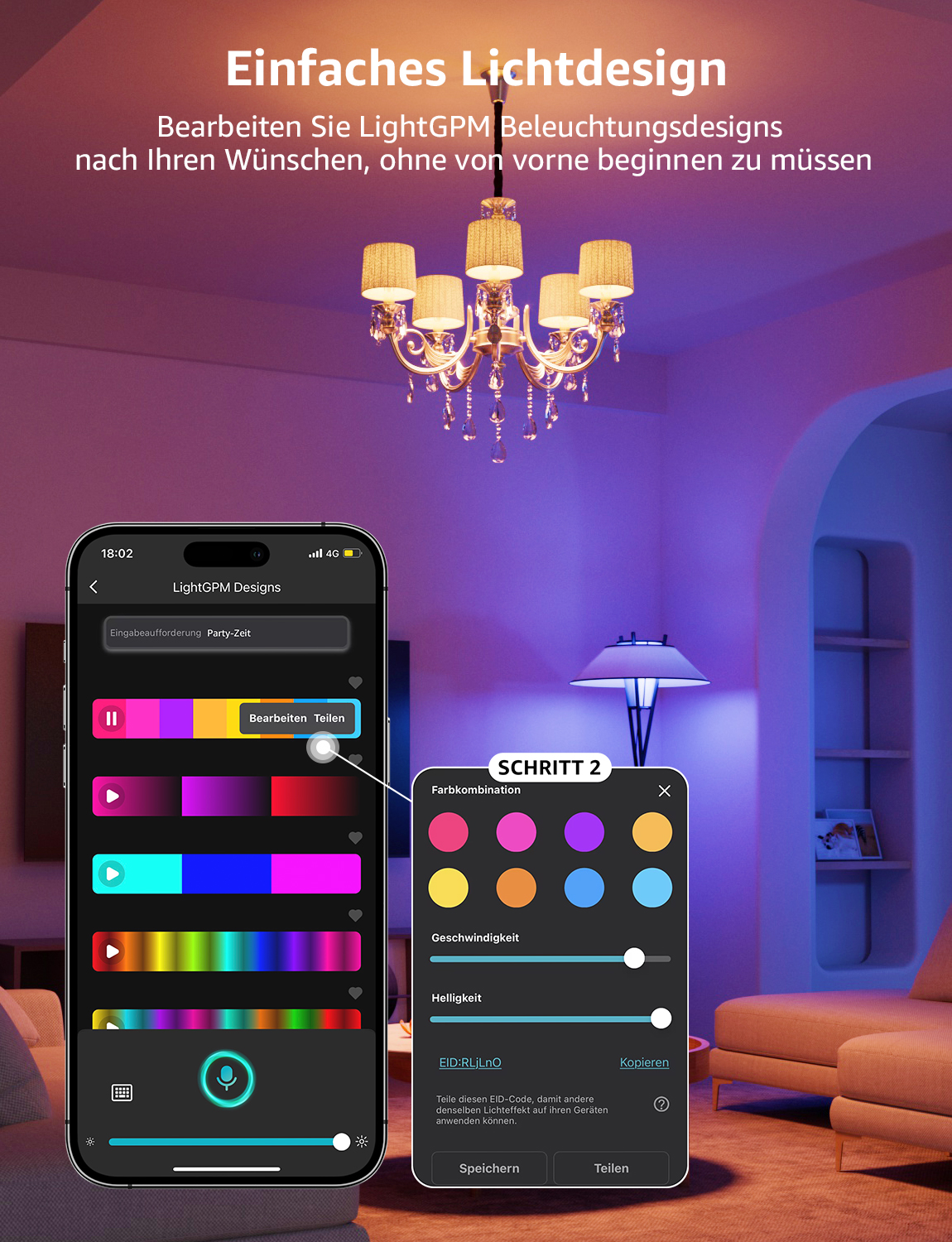 Immagine di un telefono con un'app intelligente sullo schermo per cambiare il colore della luce.