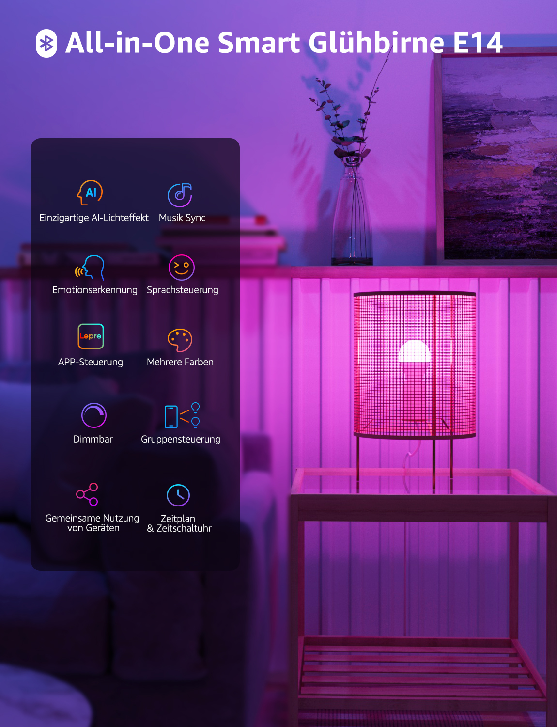 Una lampadina intelligente e icone su sfondo rosa e viola.