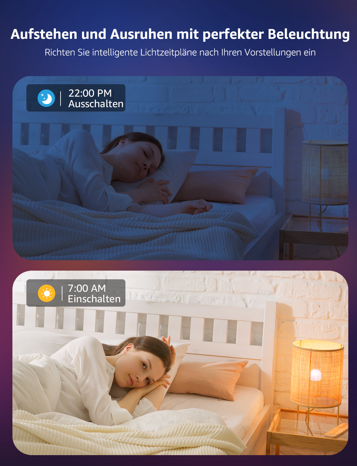 Due immagini che mostrano una donna a letto. Sopra, dorme alle 22:00. Sotto, è sveglia alle 7:00.