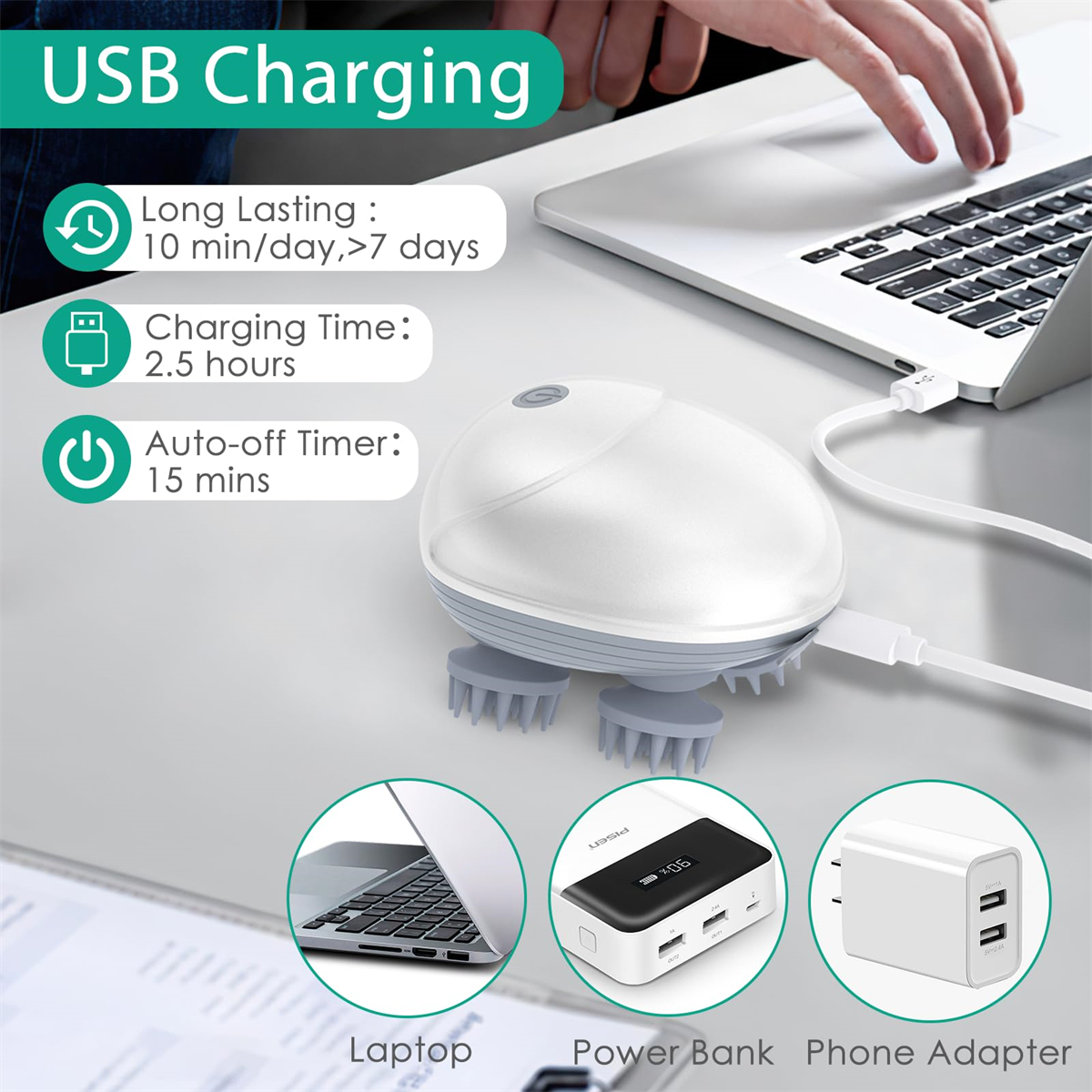 Tragbares Kopfhautmassagegerät, das mit USB aufgeladen wird. Laptop, Powerbank und Telefonadapter.