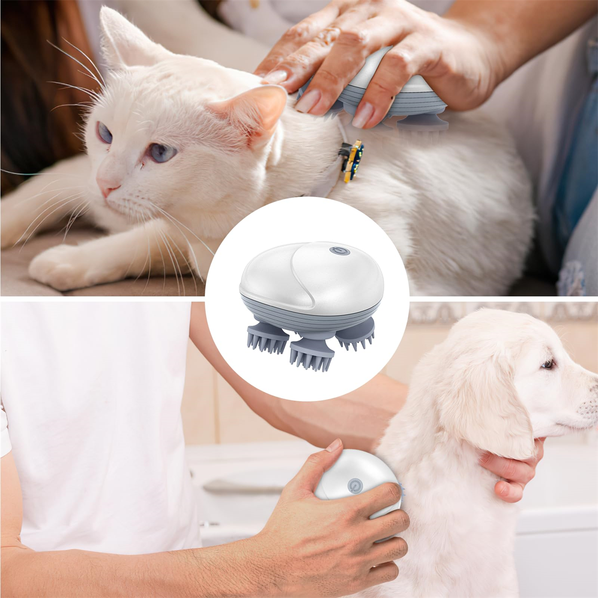 Zwei Bilder. Eines zeigt eine Katze, die massiert wird, das andere einen Hund. Beide verwenden ein Massagegerät.