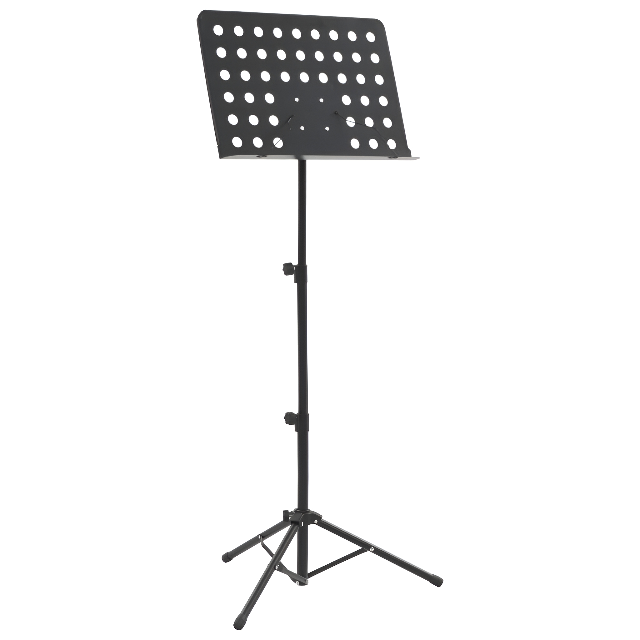 Schwarzer Notenständer, verstellbar, mit perforiertem Notenhalter, auf Dreibeinstativ, vor weißem Hintergrund.