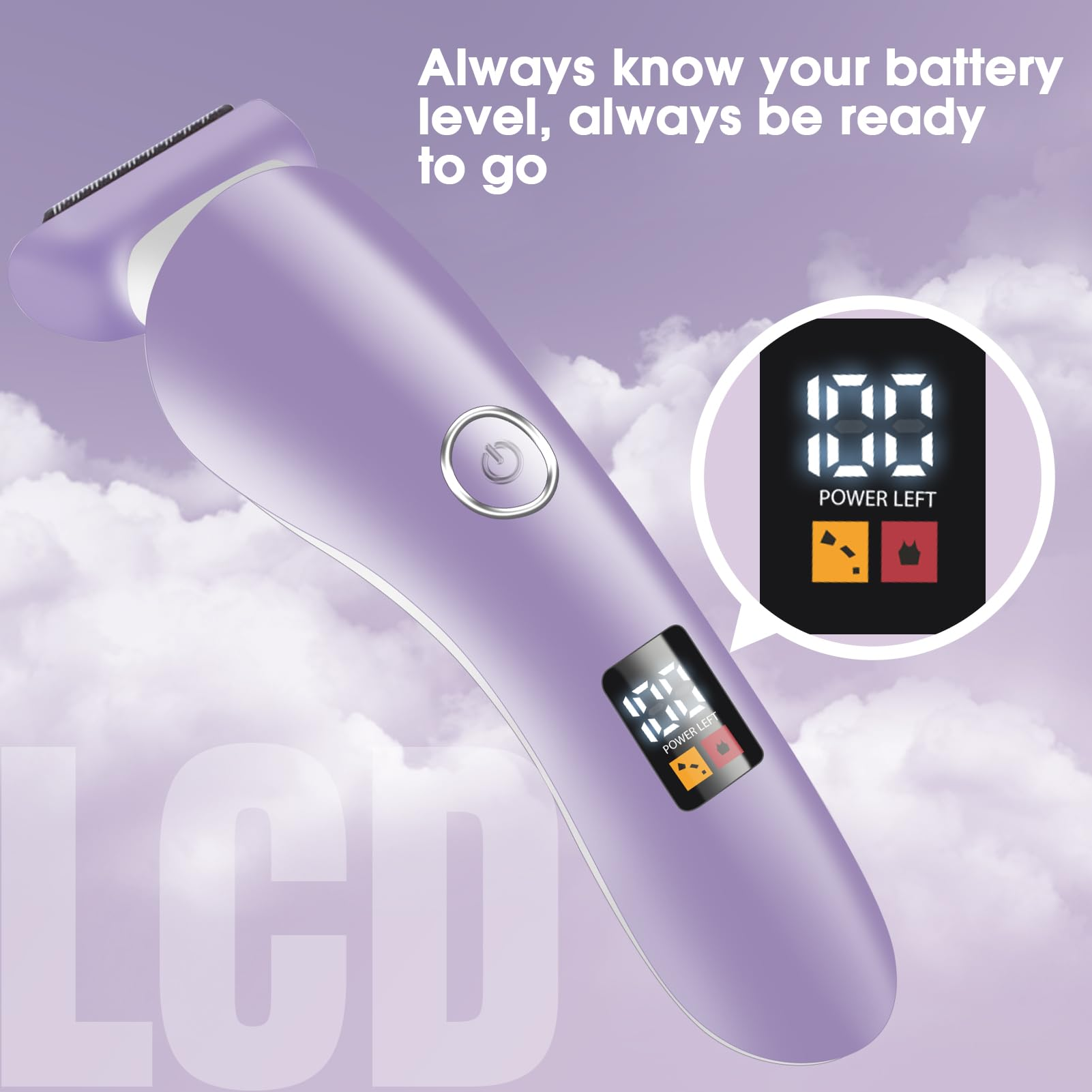 Lila Elektrorasierer mit LCD-Bildschirm, der den Akkustand anzeigt. Wolkenhintergrund.