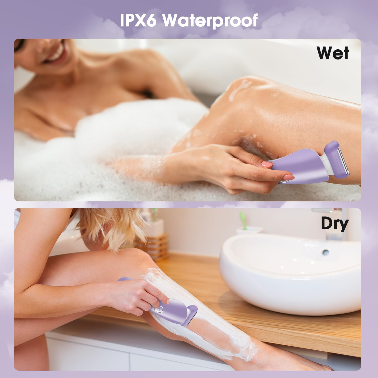 Eine Frau rasiert sich die Beine. Das Bild zeigt eine Frau, die einen Rasierer in der Badewanne und an ihrem Bein mit Rasiercreme verwendet.