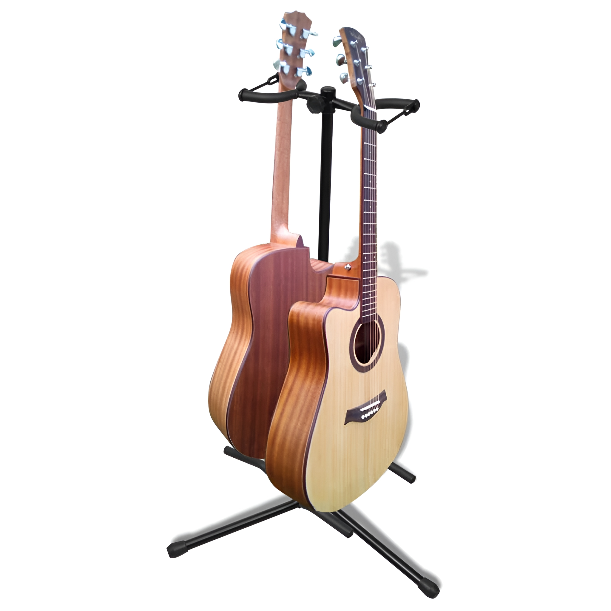 Zwei Gitarren auf einem schwarzen Ständer. Eine Gitarre zeigt nach vorne. Die andere zeigt nach hinten.